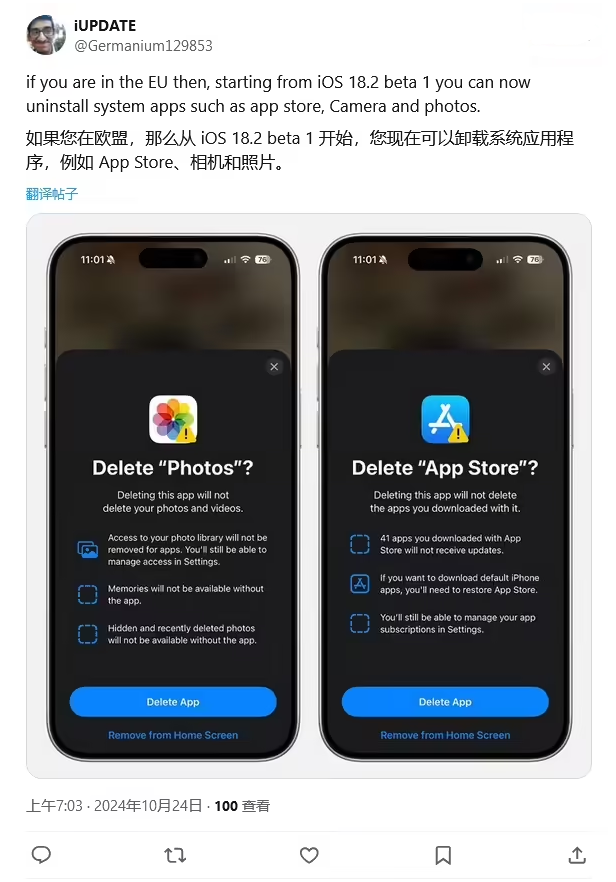 北碚苹果手机维修分享iOS 18.2 支持删除 App Store 应用商店 