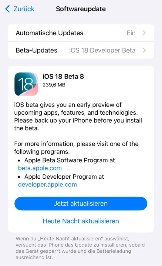 北碚苹果手机维修分享苹果 iOS / iPadOS 18 开发者预览版 Beta 8 发布 